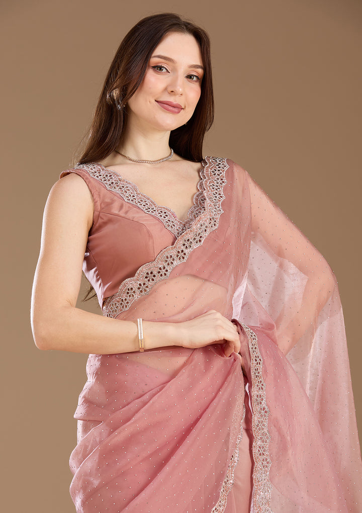 Onion Pink Tissue Cutdana Saree With Matching Blouse Piece