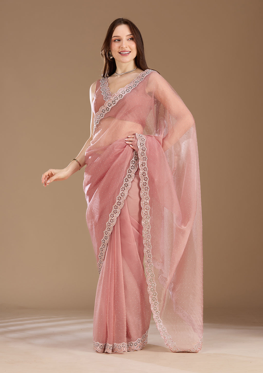 Onion Pink Tissue Cutdana Saree With Matching Blouse Piece