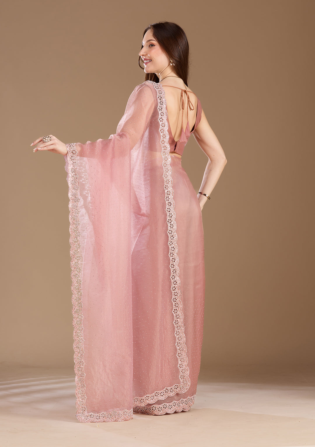 Onion Pink Tissue Cutdana Saree With Matching Blouse Piece
