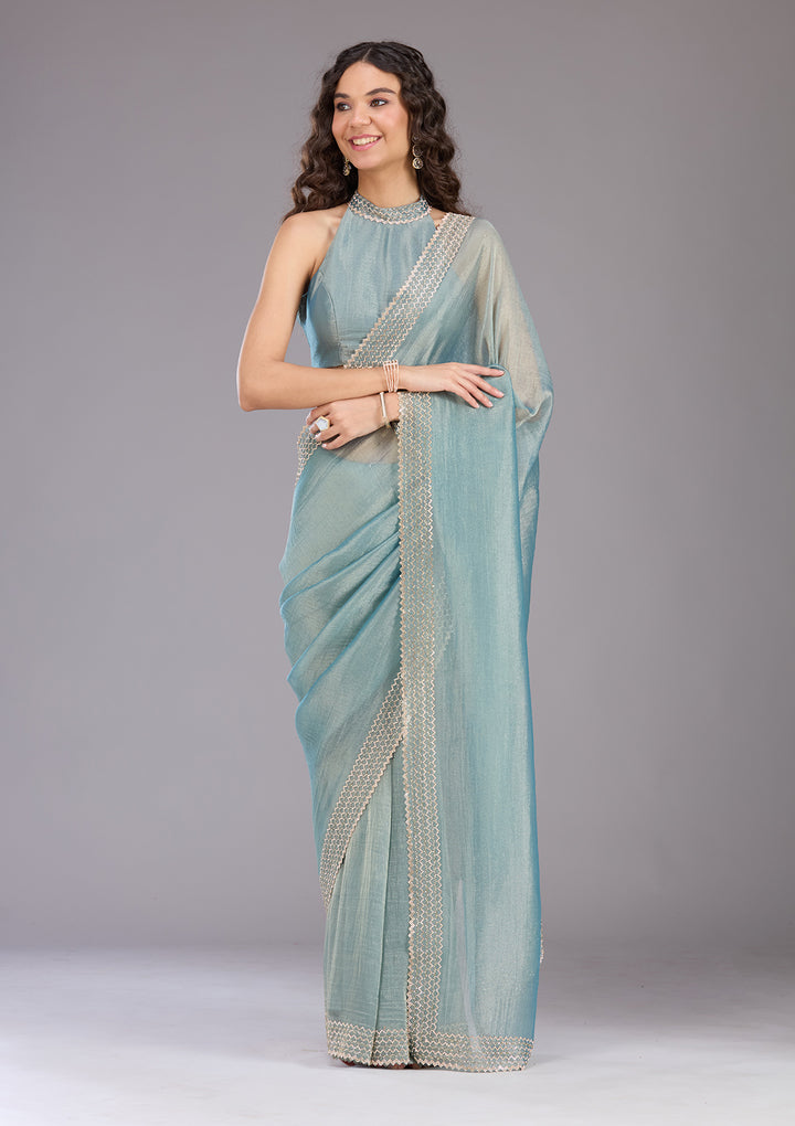 Blue Stonework (Gold) Organza Saree
