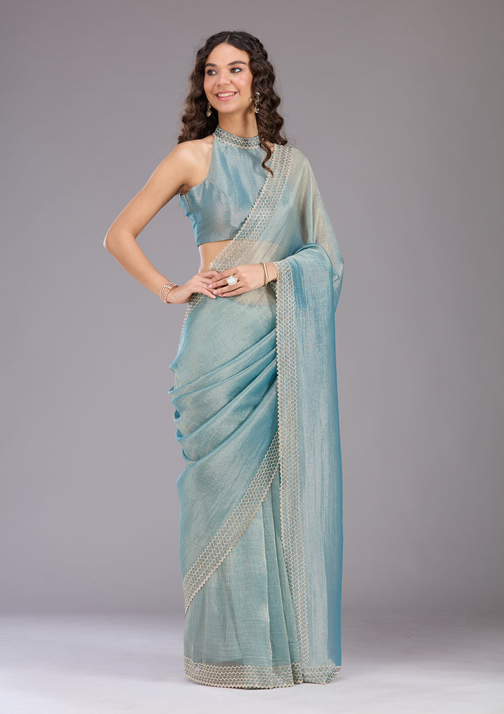 Blue Stonework (Gold) Organza Saree