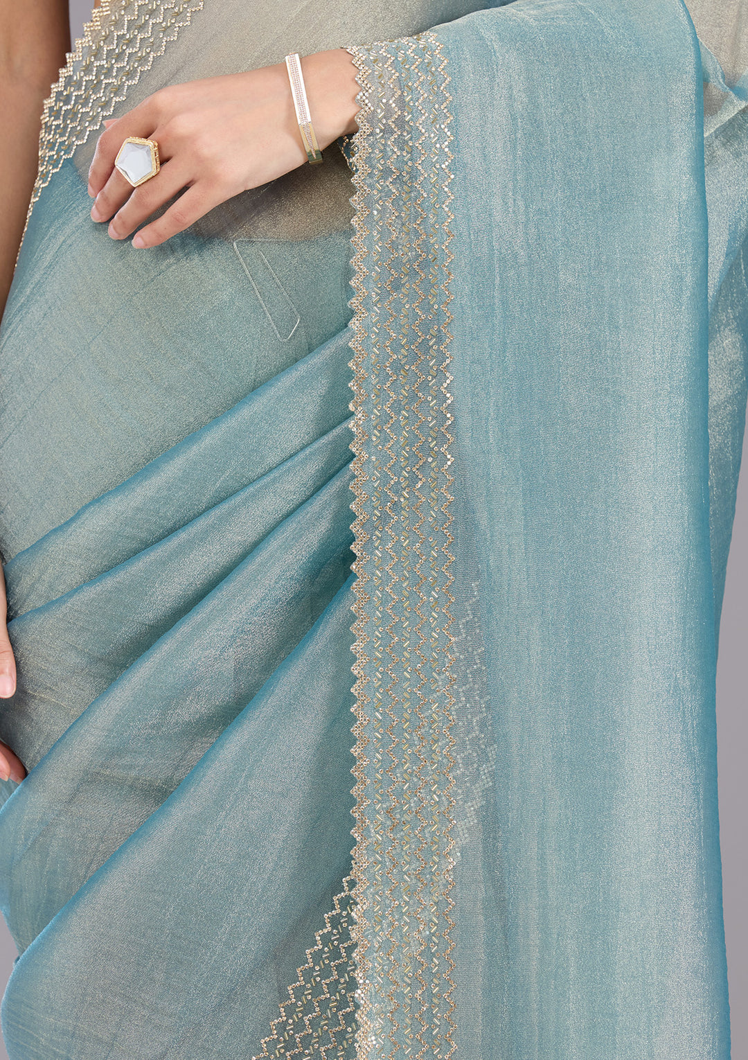 Blue Stonework (Gold) Organza Saree