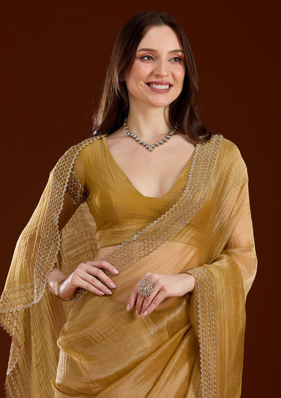 Mustard Stonework (Gold) Organza Saree