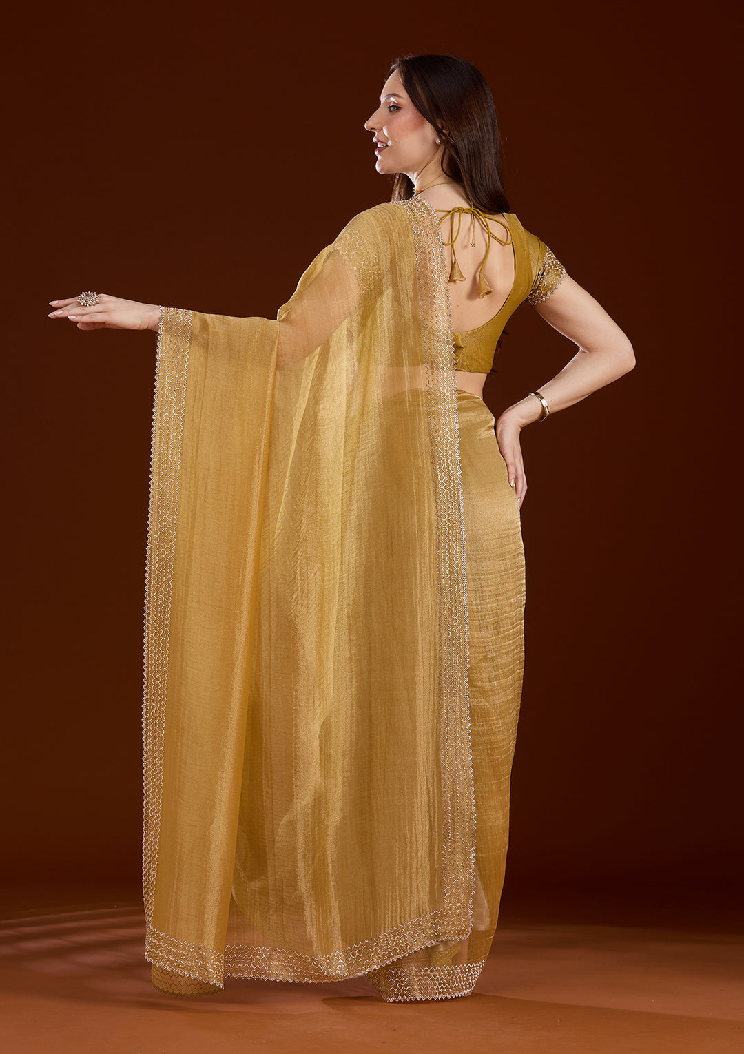Mustard Stonework (Gold) Organza Saree