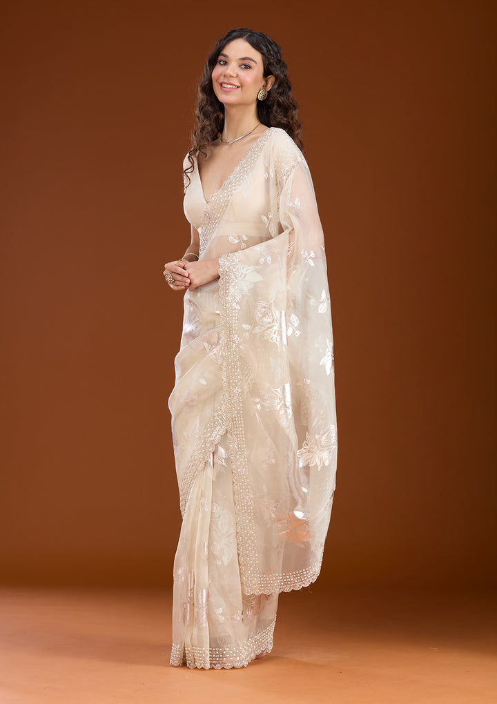 Beige Stonework (Gold) Organza Saree