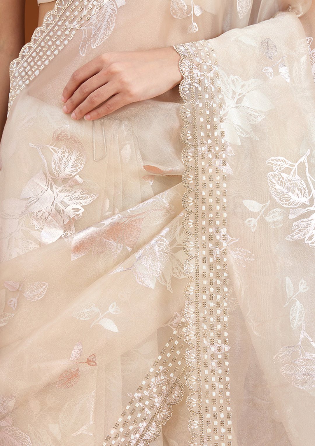 Beige Stonework (Gold) Organza Saree