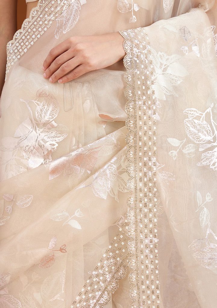 Beige Stonework (Gold) Organza Saree