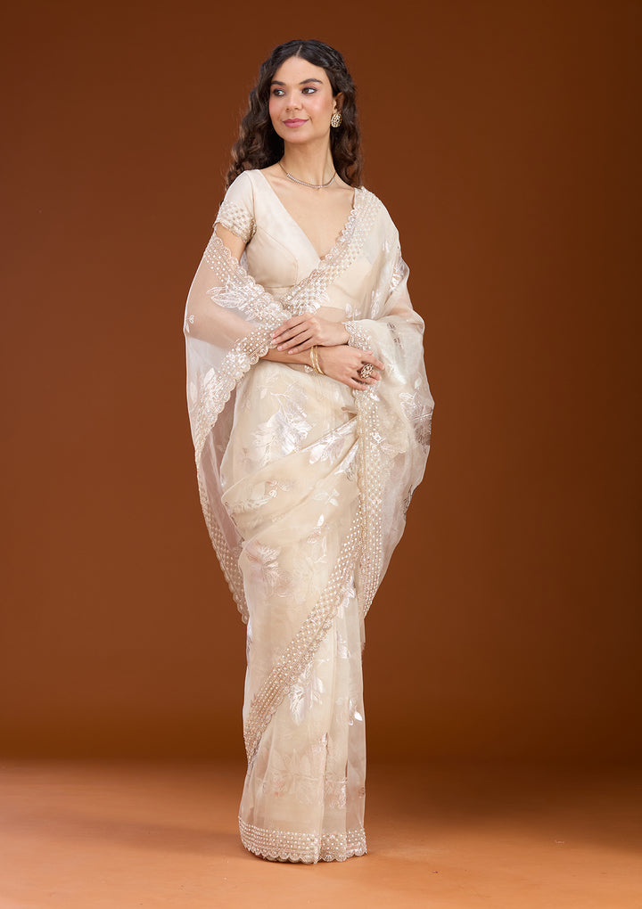 Beige Stonework (Gold) Organza Saree