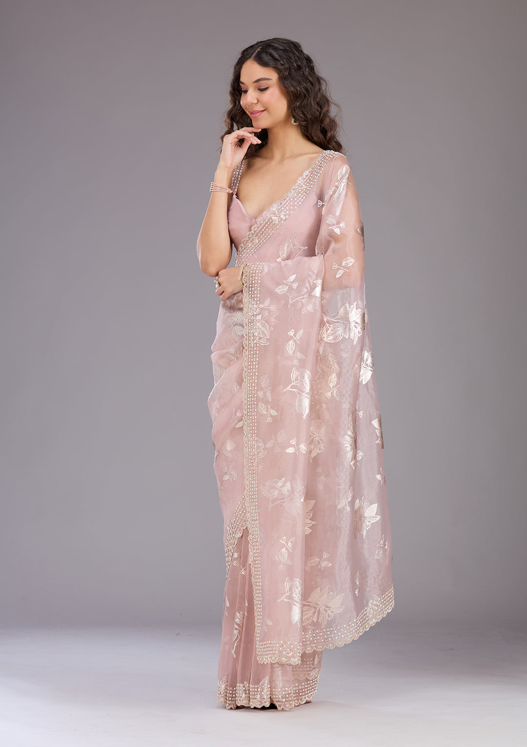 Onion Pink Stonework (Gold) Organza Saree