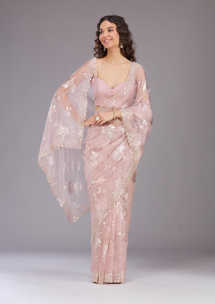 Onion Pink Stonework (Gold) Organza Saree