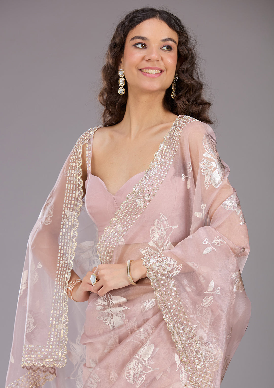 Onion Pink Stonework (Gold) Organza Saree