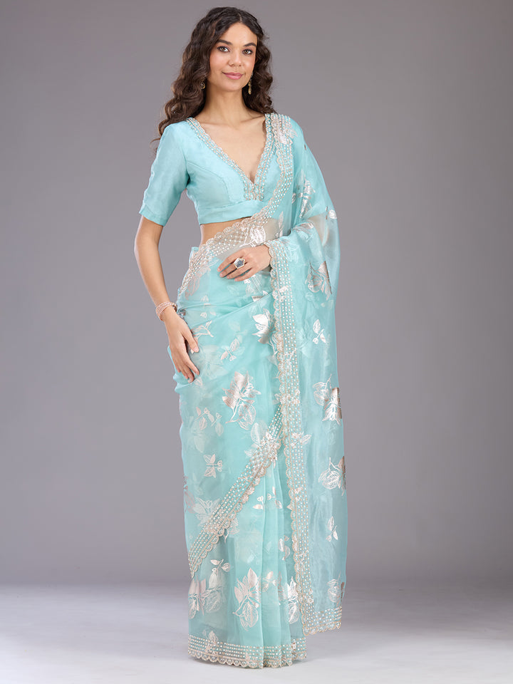 Sea Green Stonework (Gold) Organza Saree