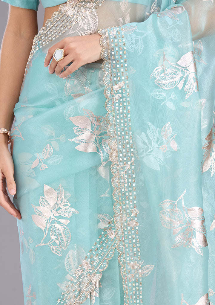 Sea Green Stonework (Gold) Organza Saree