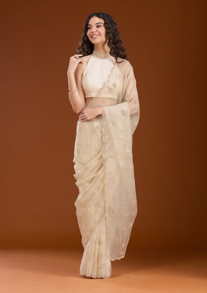 Beige Stonework (Gold) Tissue Saree