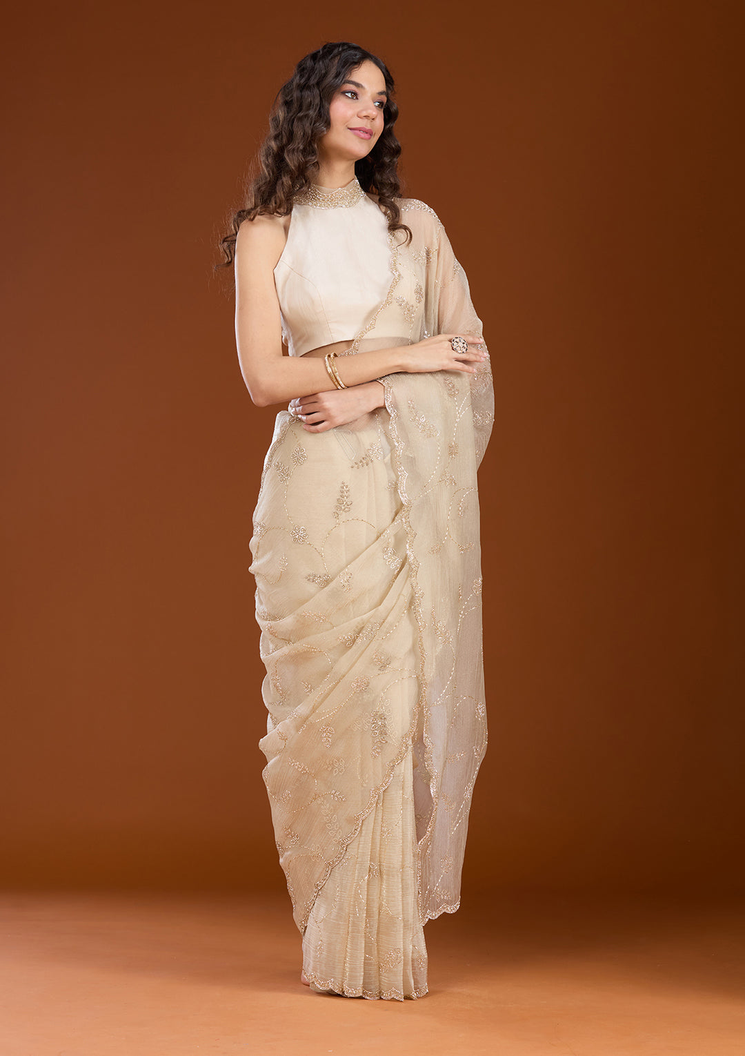 Beige Stonework (Gold) Tissue Saree