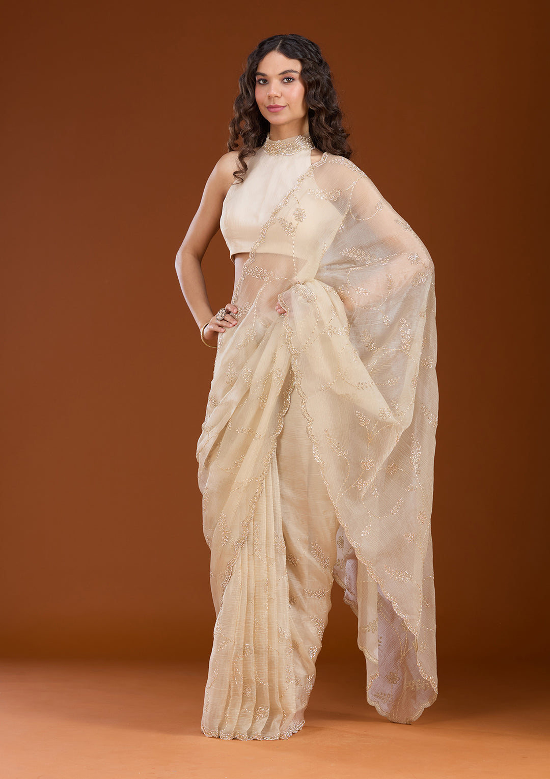 Beige Stonework (Gold) Tissue Saree