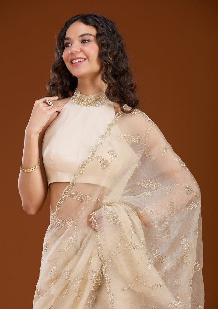 Beige Stonework (Gold) Tissue Saree