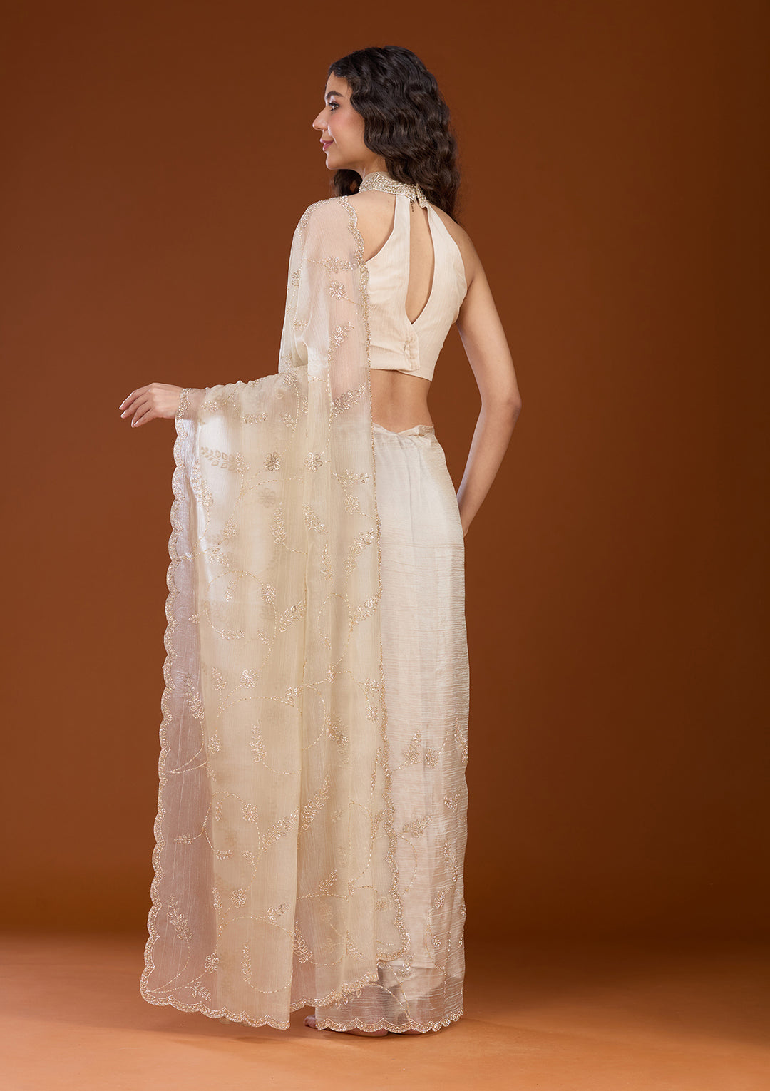 Beige Stonework (Gold) Tissue Saree