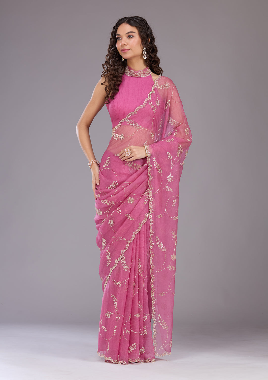 Onion Pink Tissue Gold Stonework Saree With Matching Blouse Piece