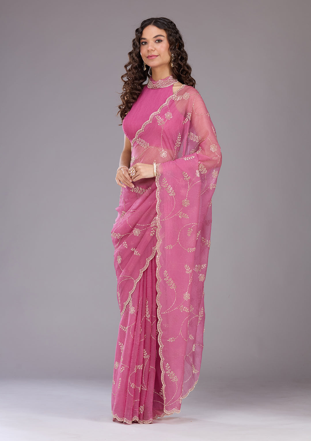 Onion Pink Tissue Gold Stonework Saree With Matching Blouse Piece