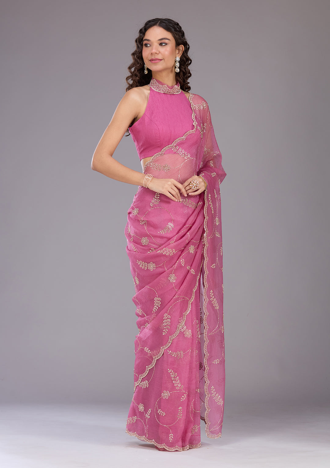 Onion Pink Tissue Gold Stonework Saree With Matching Blouse Piece