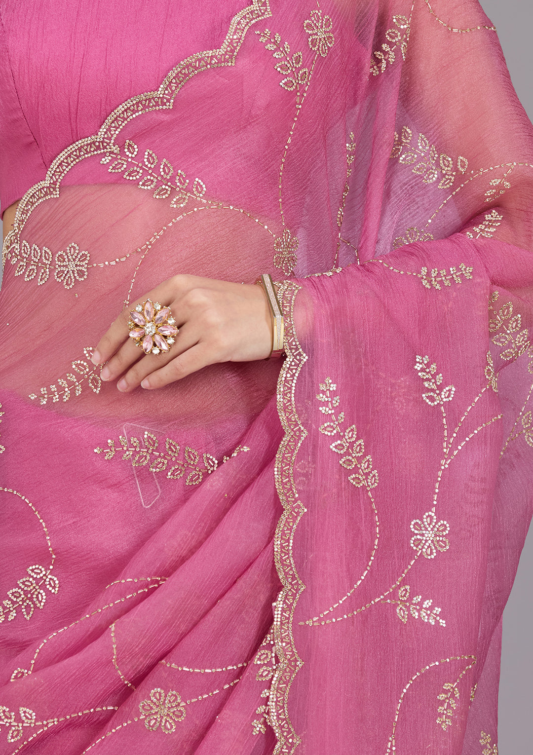 Onion Pink Tissue Gold Stonework Saree With Matching Blouse Piece