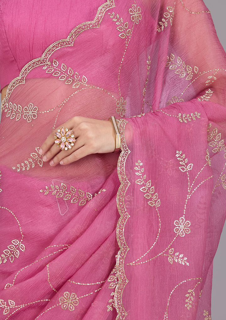 Onion Pink Tissue Gold Stonework Saree With Matching Blouse Piece