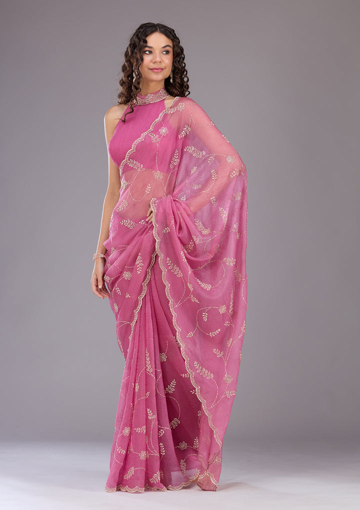 Onion Pink Tissue Gold Stonework Saree With Matching Blouse Piece