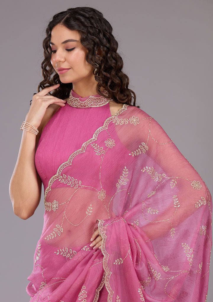 Onion Pink Tissue Gold Stonework Saree With Matching Blouse Piece