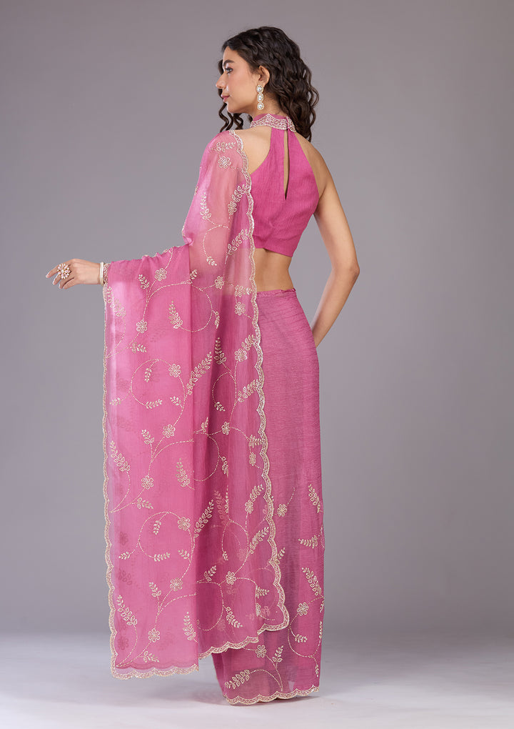 Onion Pink Tissue Gold Stonework Saree With Matching Blouse Piece