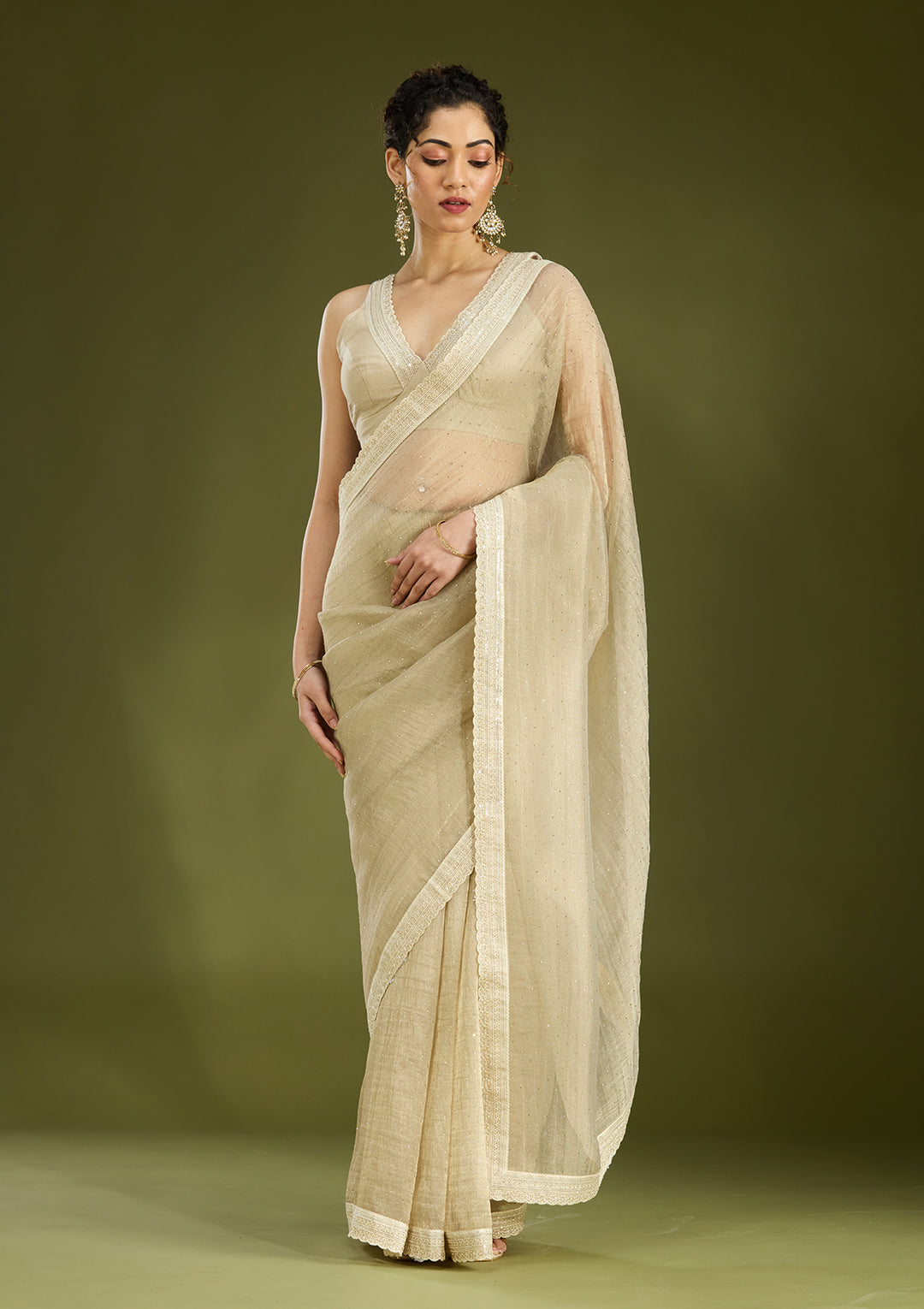 Beige Tissue Gold Zariwork Saree With Matching Blouse Piece