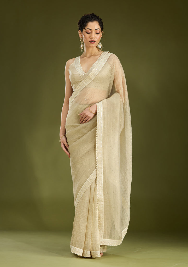 Beige Tissue Gold Zariwork Saree With Matching Blouse Piece