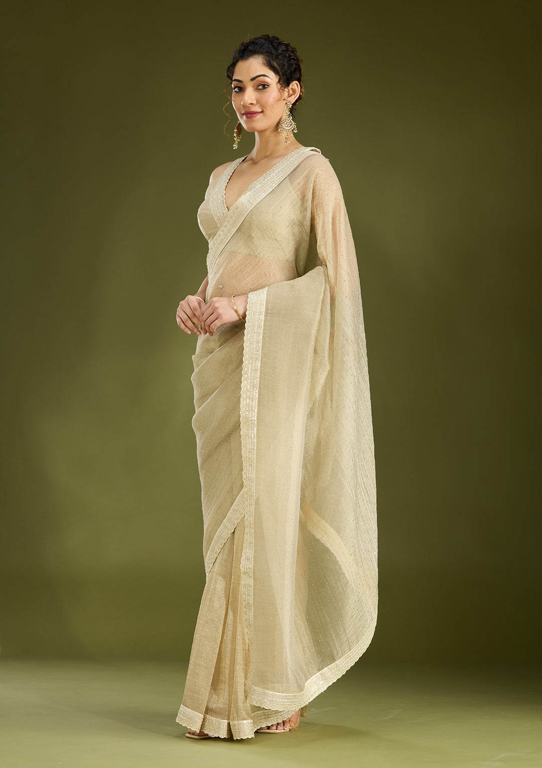 Beige Tissue Gold Zariwork Saree With Matching Blouse Piece