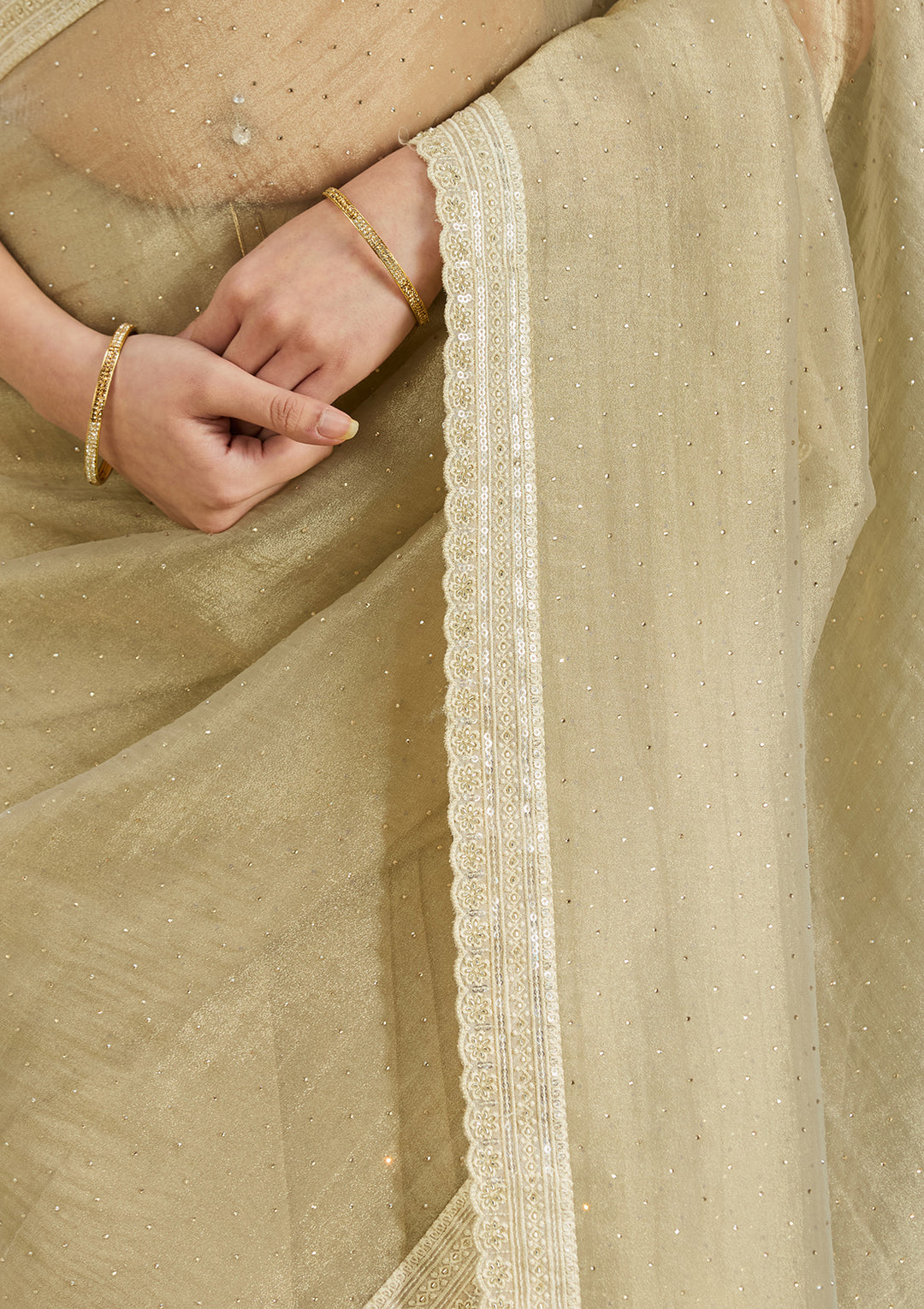 Beige Tissue Gold Zariwork Saree With Matching Blouse Piece