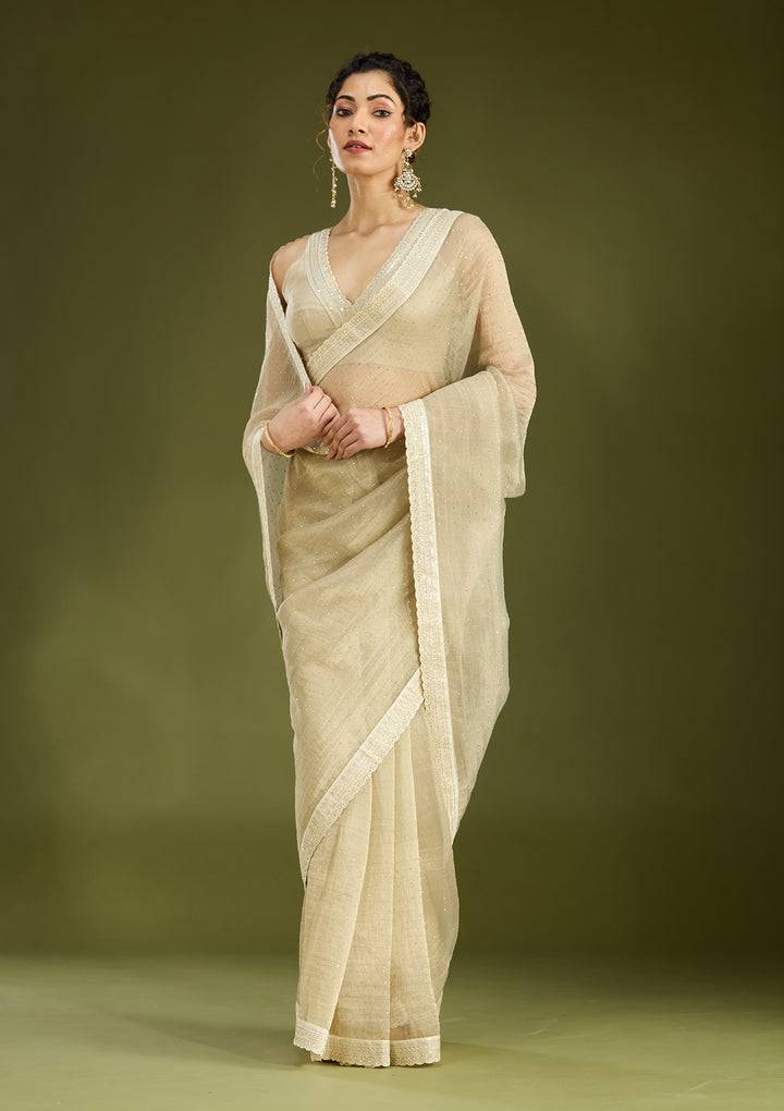 Beige Tissue Gold Zariwork Saree With Matching Blouse Piece