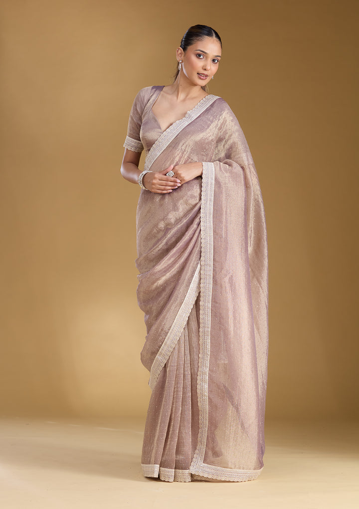 Lavender Tissue Gold Zariwork Saree With Matching Blouse Piece
