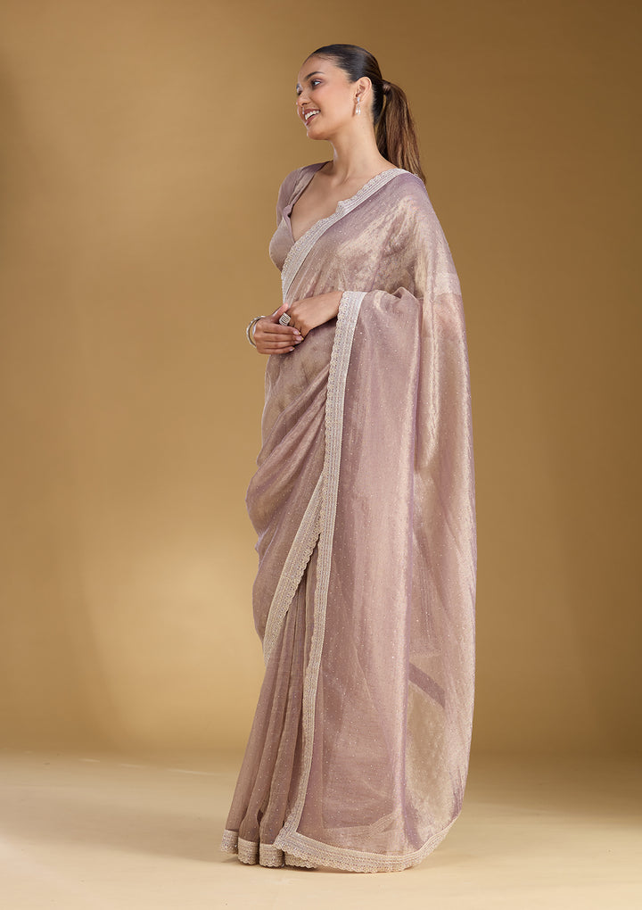 Lavender Tissue Gold Zariwork Saree With Matching Blouse Piece