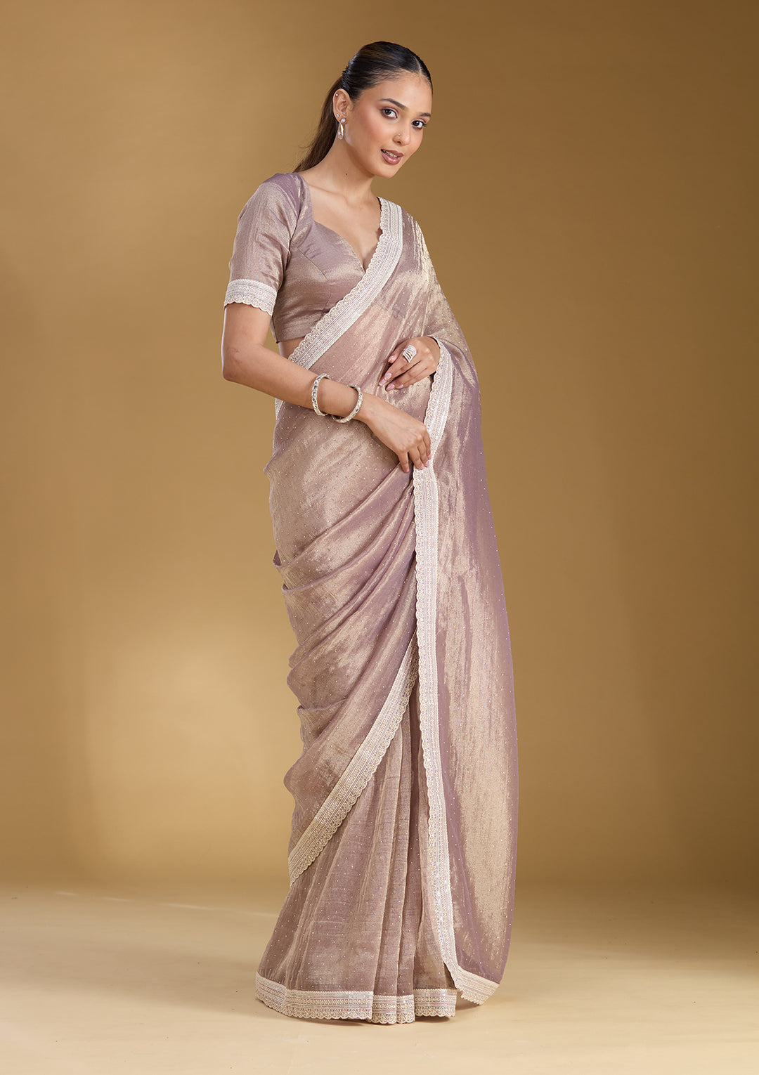 Lavender Tissue Gold Zariwork Saree With Matching Blouse Piece