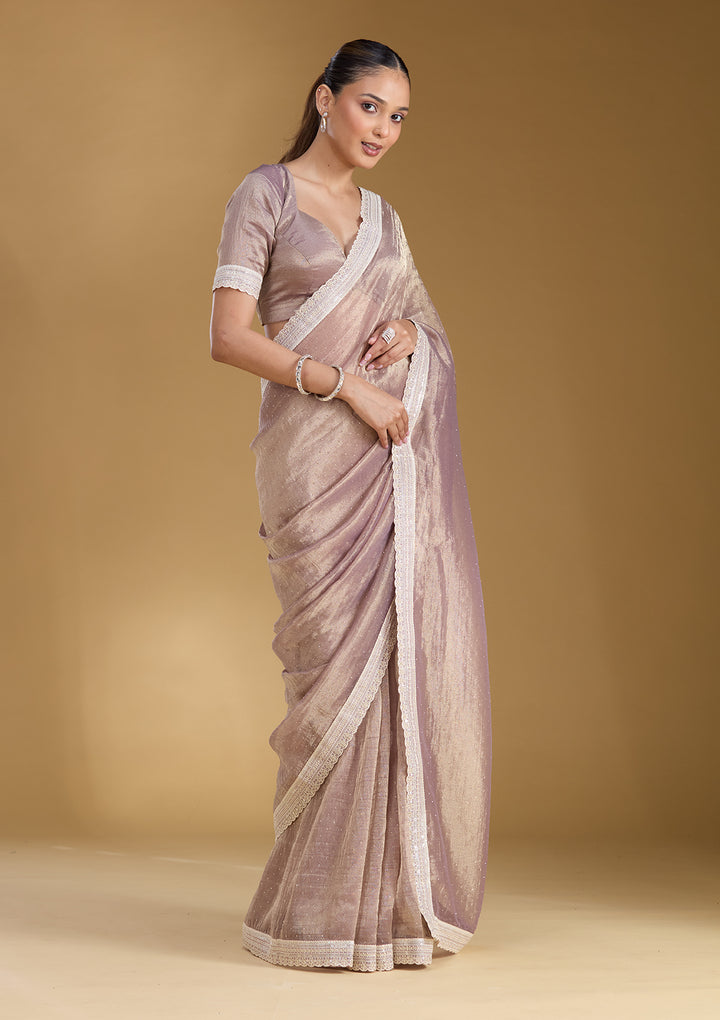 Lavender Tissue Gold Zariwork Saree With Matching Blouse Piece