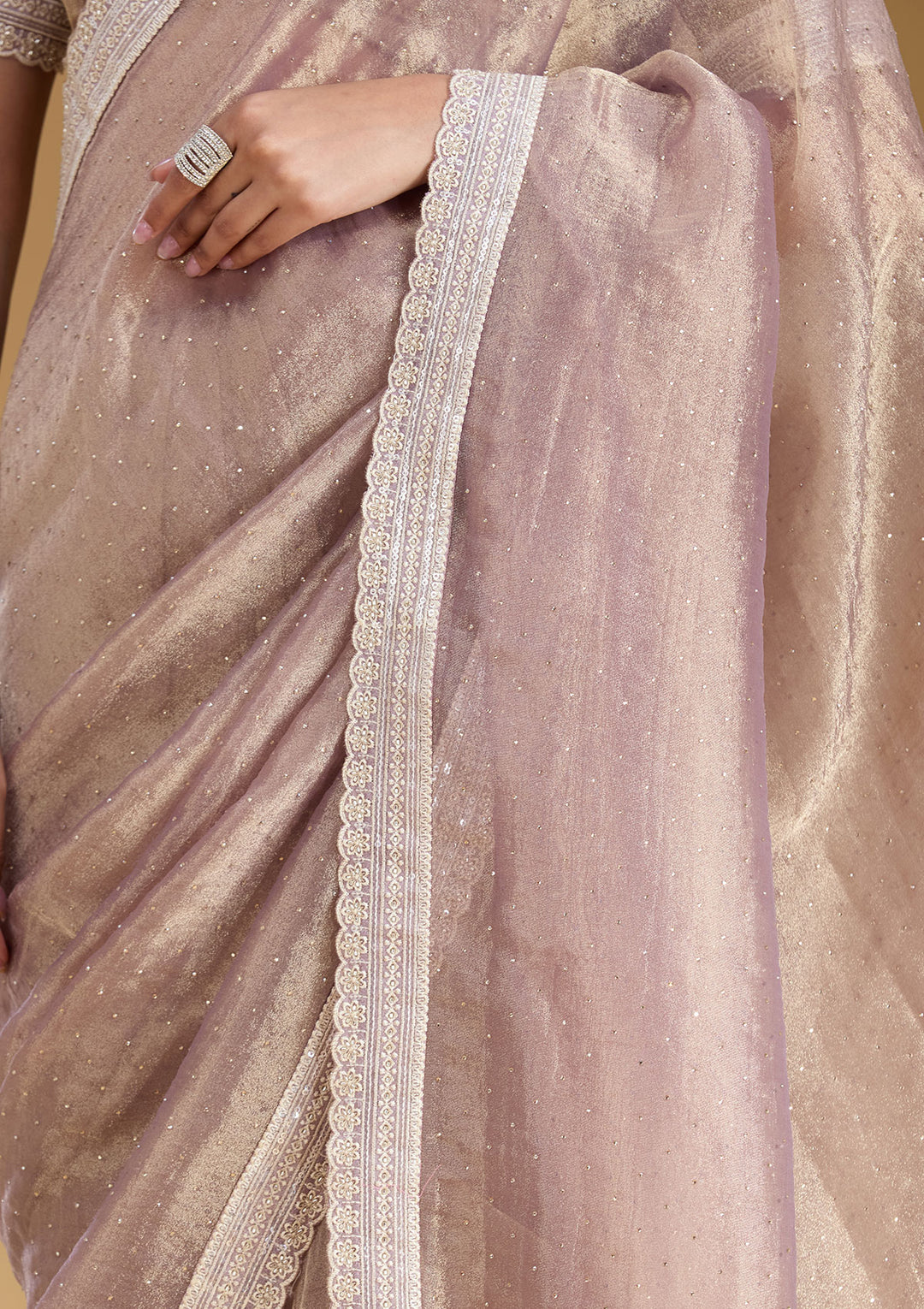 Lavender Tissue Gold Zariwork Saree With Matching Blouse Piece