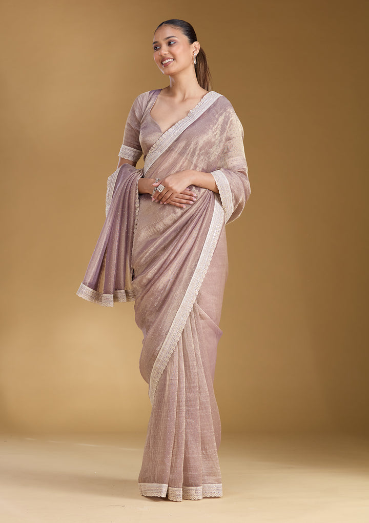 Lavender Tissue Gold Zariwork Saree With Matching Blouse Piece