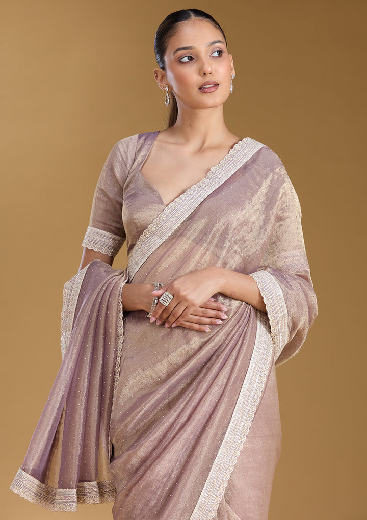 Lavender Tissue Gold Zariwork Saree With Matching Blouse Piece