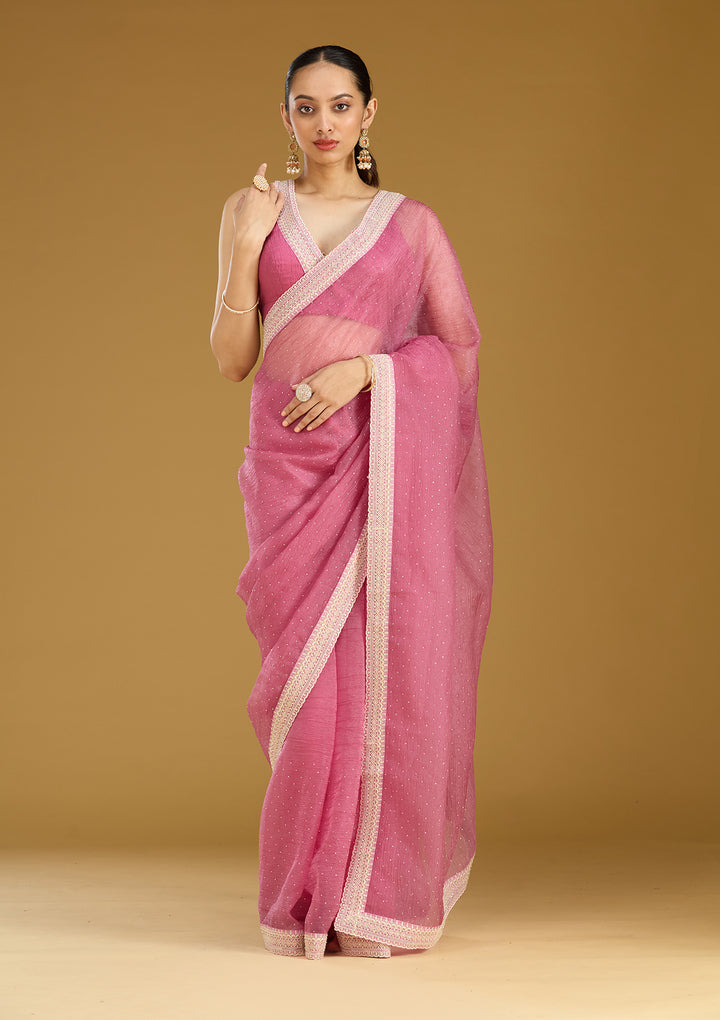Onion Pink Tissue Gold Zariwork Saree With Matching Blouse Piece