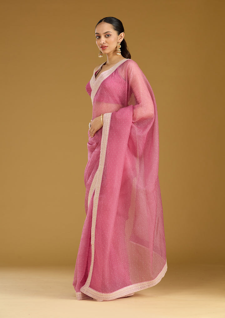 Onion Pink Tissue Gold Zariwork Saree With Matching Blouse Piece