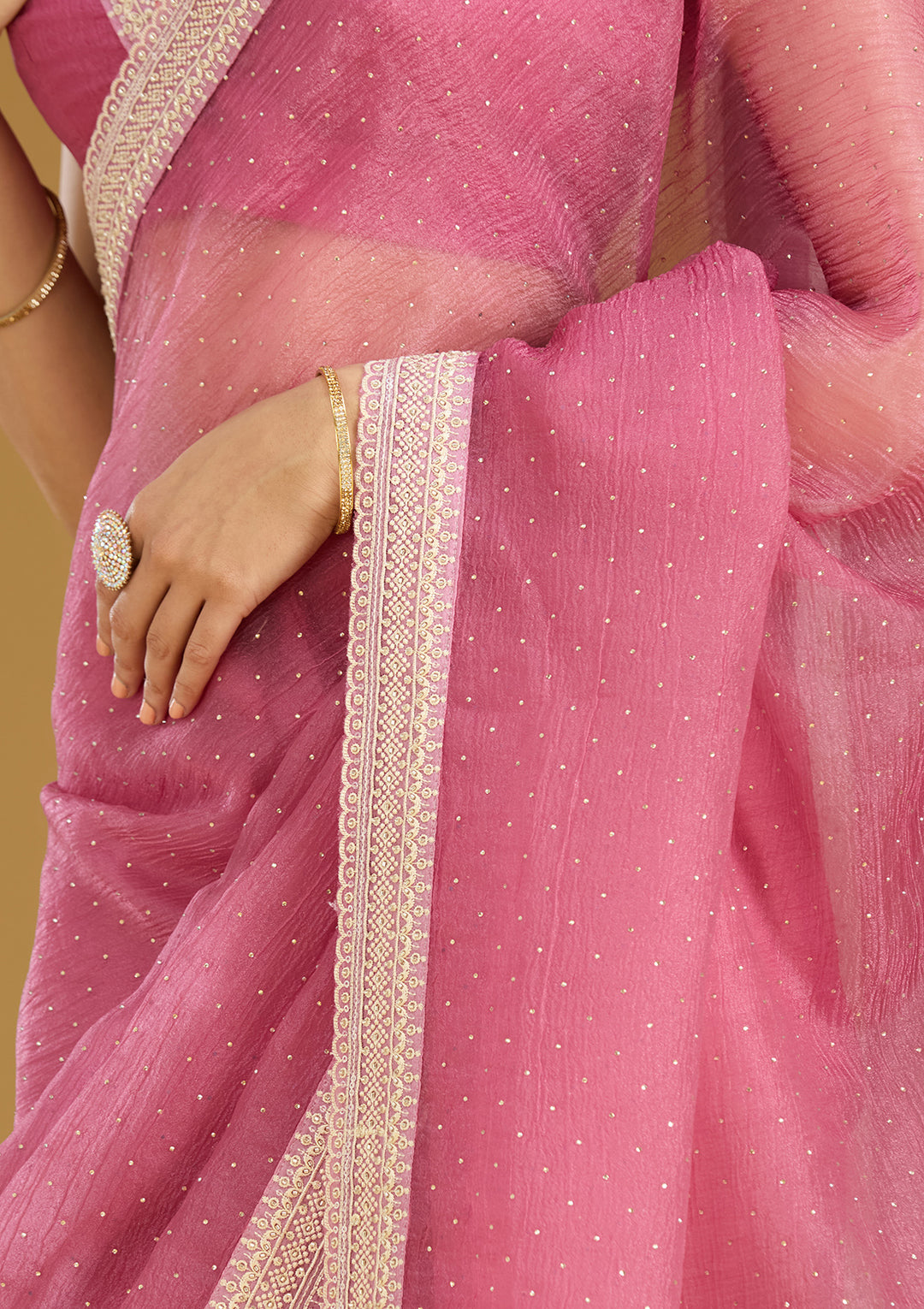 Onion Pink Tissue Gold Zariwork Saree With Matching Blouse Piece