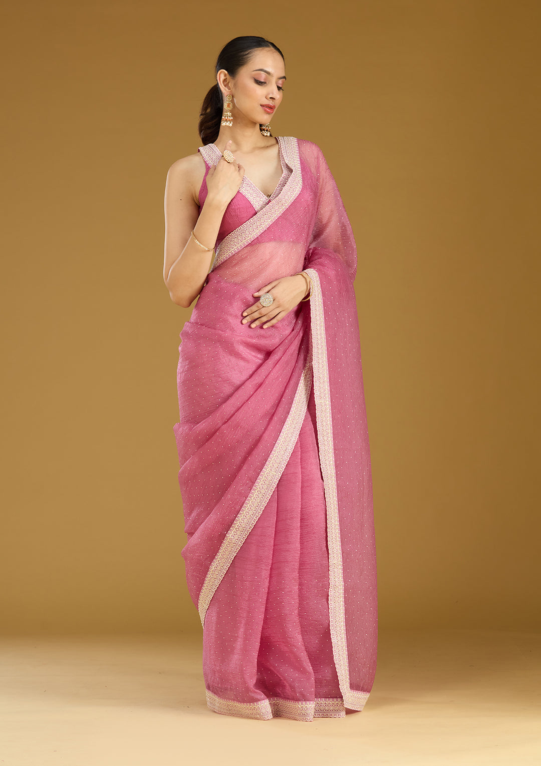 Onion Pink Tissue Gold Zariwork Saree With Matching Blouse Piece