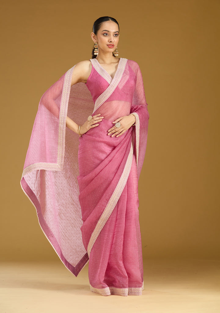 Onion Pink Tissue Gold Zariwork Saree With Matching Blouse Piece