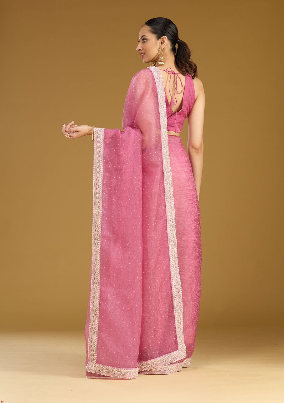 Onion Pink Tissue Gold Zariwork Saree With Matching Blouse Piece
