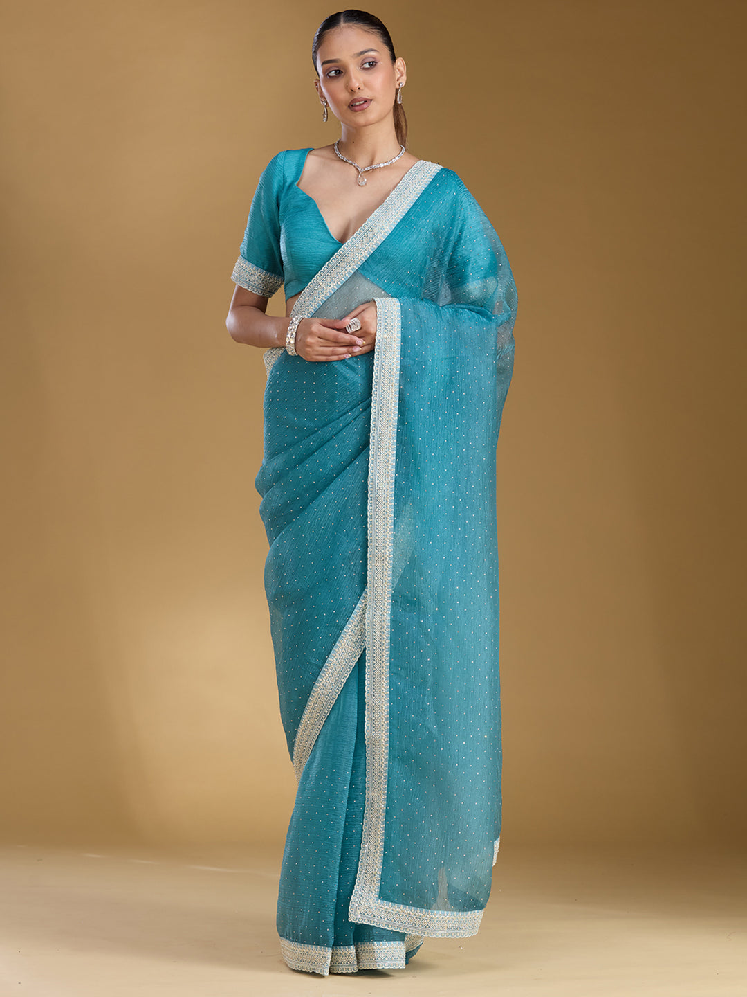 Sky Blue Tissue Gold Zariwork Saree With Matching Blouse Piece
