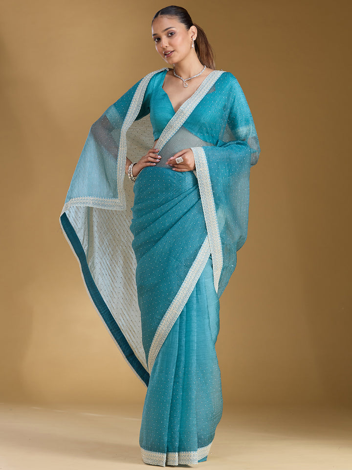 Sky Blue Tissue Gold Zariwork Saree With Matching Blouse Piece